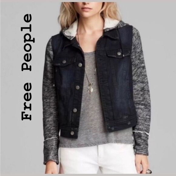 Free People Jackets & Blazers - Free People Distressed‎ Denim Jacket with Knit Sleeves *SIZE: M